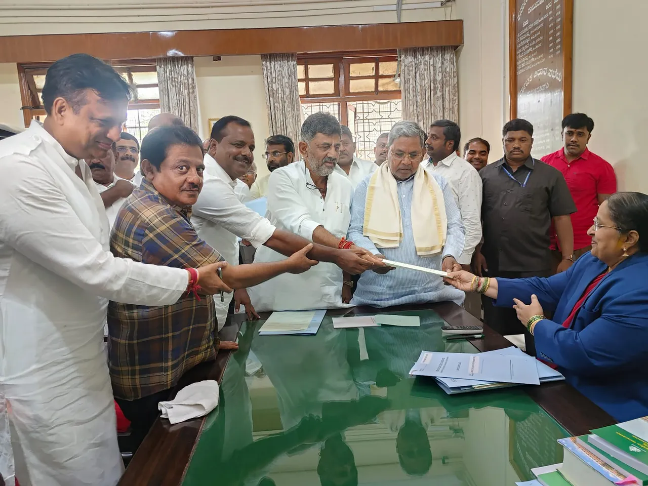 Chief Minister M Siddaramaiah along with Deputy Chief Minister DK Shivakumar submit an application proposing Congress leader UT Khader for the post of Assembly Speaker