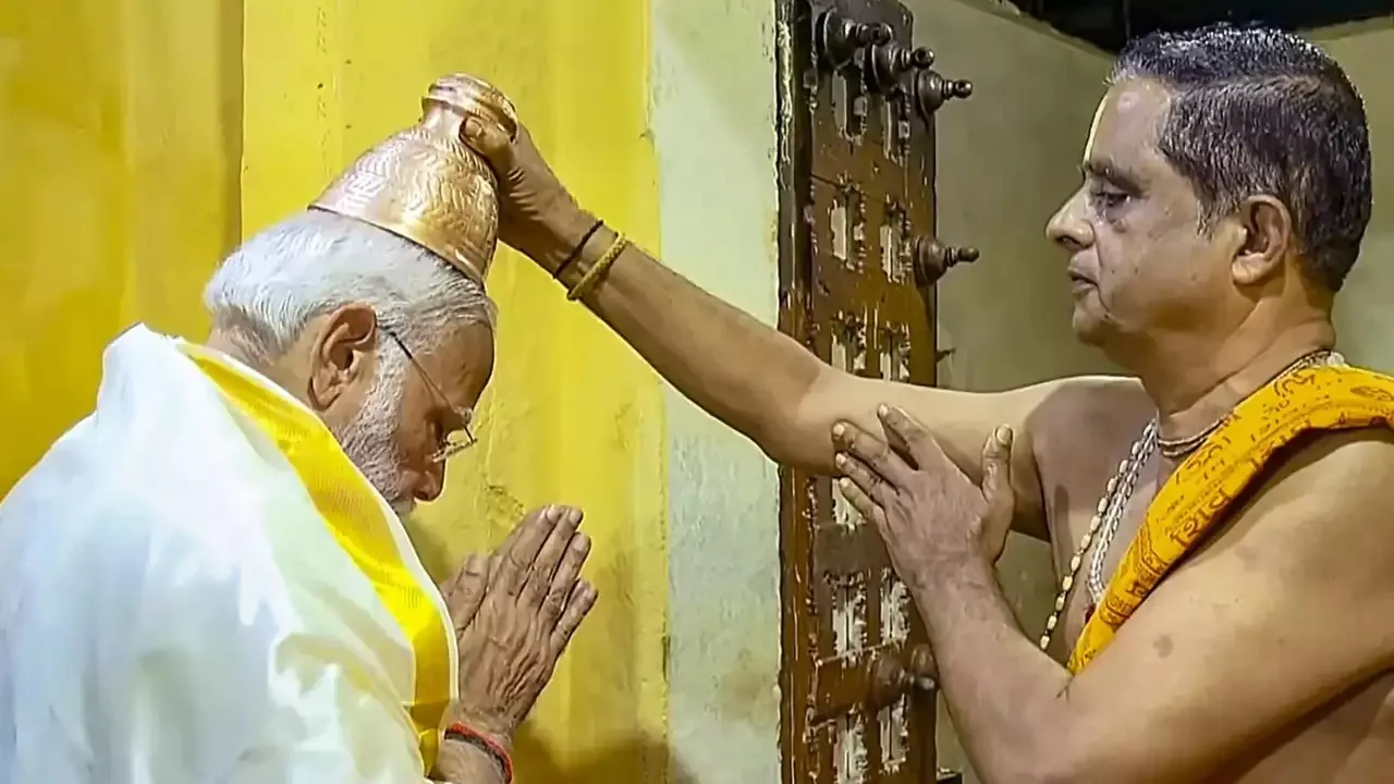 Prime Minister Narendra Modi offers prayers at the Kothandaramaswamy temple, in Rameswaram