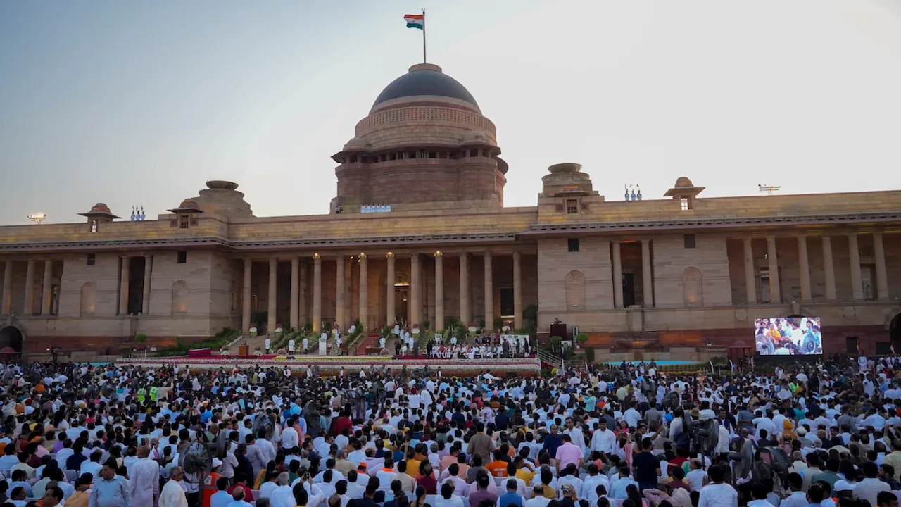 Visitors and dignitaries wait ahead of the swearing-in ceremony of PM-designate Narendra Modi and other ministers, at Rashtrapati Bhavan in New Delhi, Sunday, June 9, 2024.