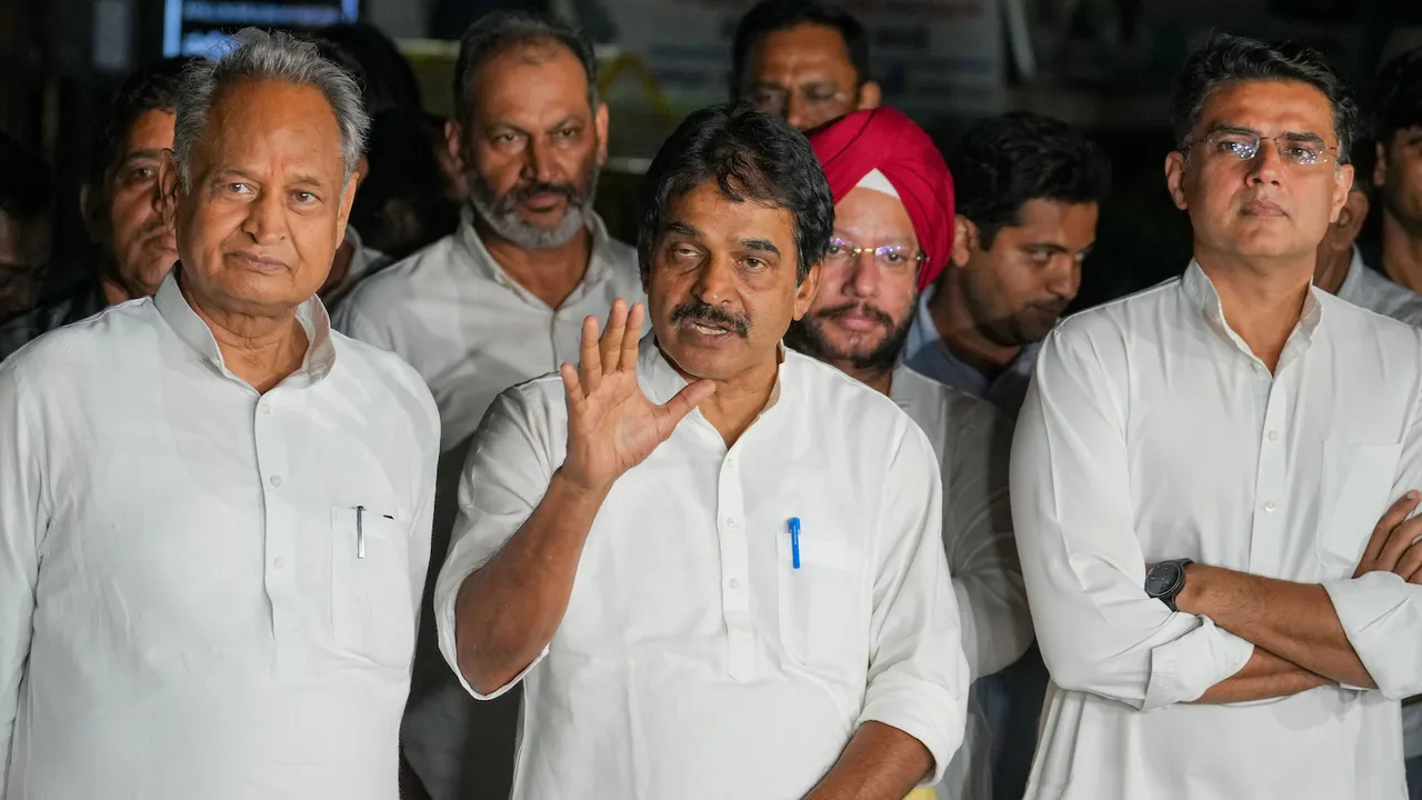 Congress leader KC Venugopal with party leaders Ashok Gehlot and Sachin Pilot speaks with the media after a meeting at party President Mallikarjun Kharge's residence on May 29