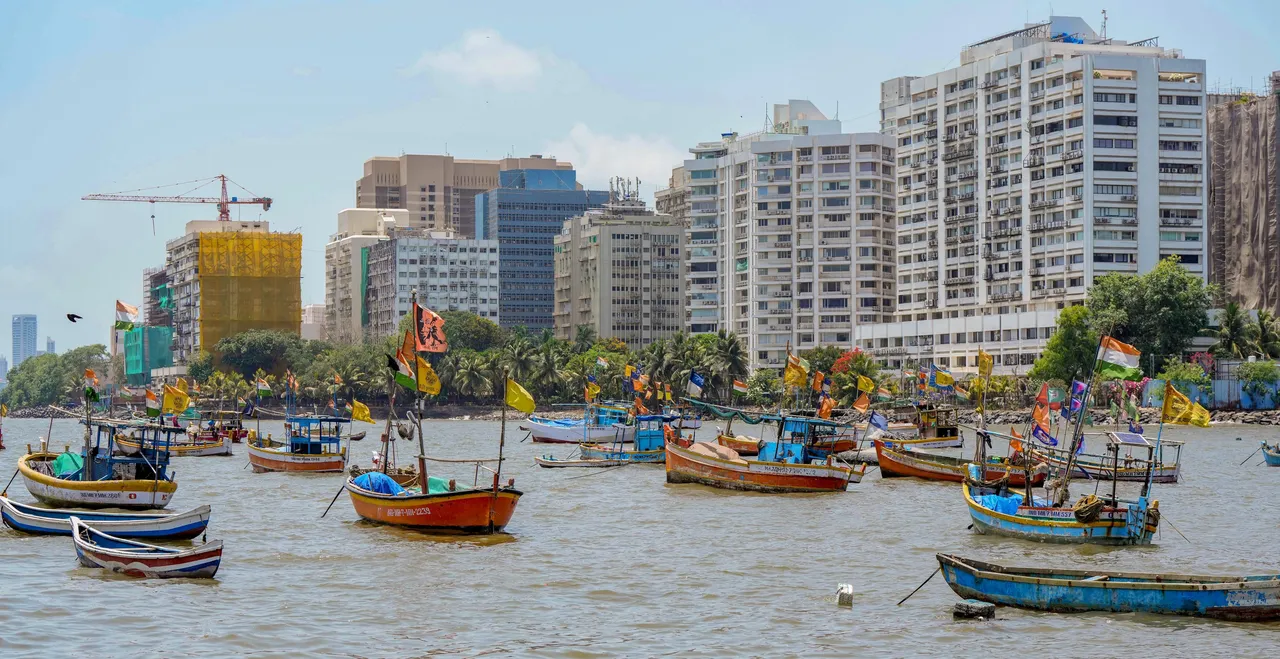 Fishing boats anchored at Badhwar Park jetty due to the formation of a depression over the southeast Arabian Sea, in Mumbai