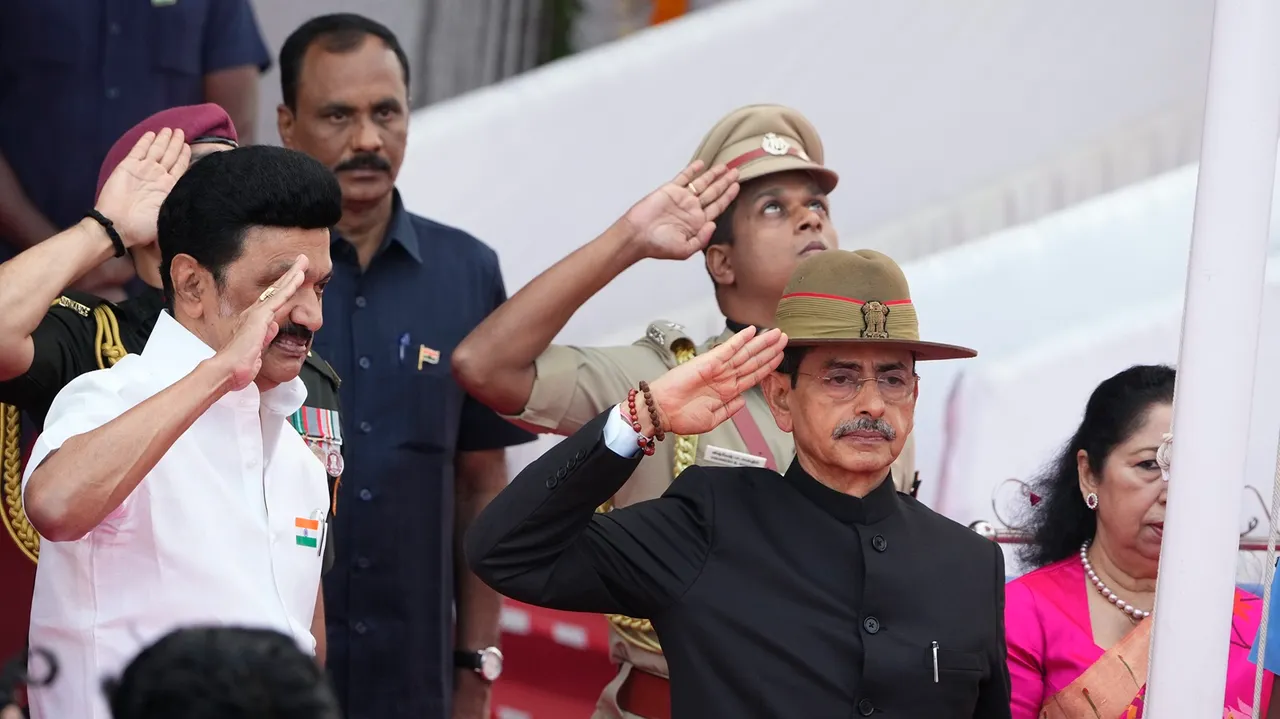Tamil Nadu Governor RN Ravi with Chief Minister MK Stalin during the celebration of the 75th Republic Day, at Kamarajar Salai in Chennai