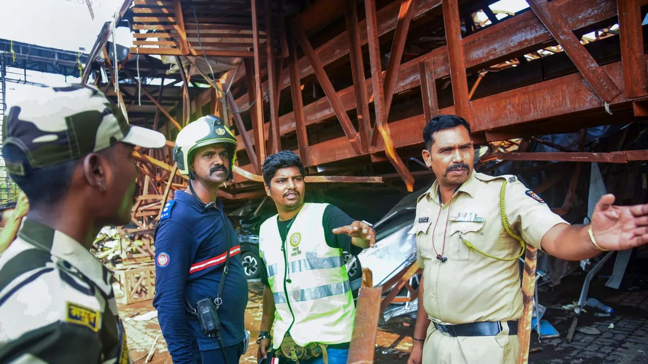 Rescue and relief work underway near the site of the hoarding collapse at Ghatkopar, in Mumbai, Tuesday, May 14, 2024