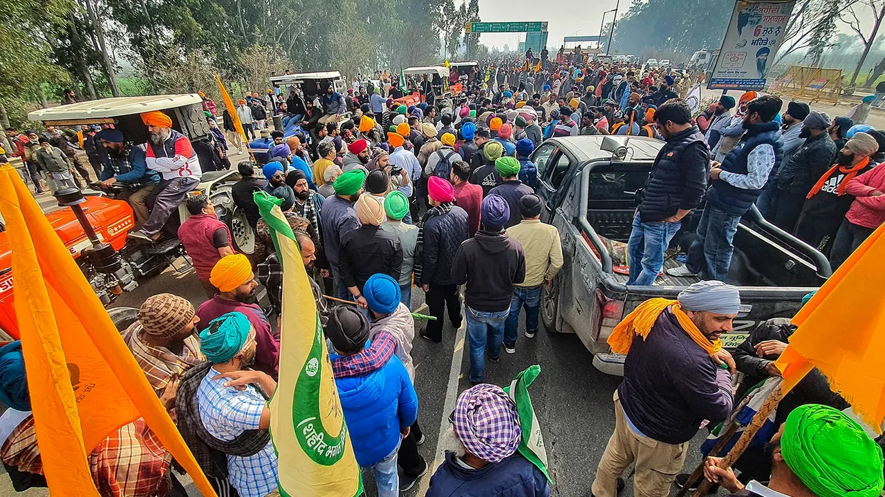 Farmers at Shambhu border (Punjab-Haryana) for their 'Delhi Chalo' march, near Ambala
