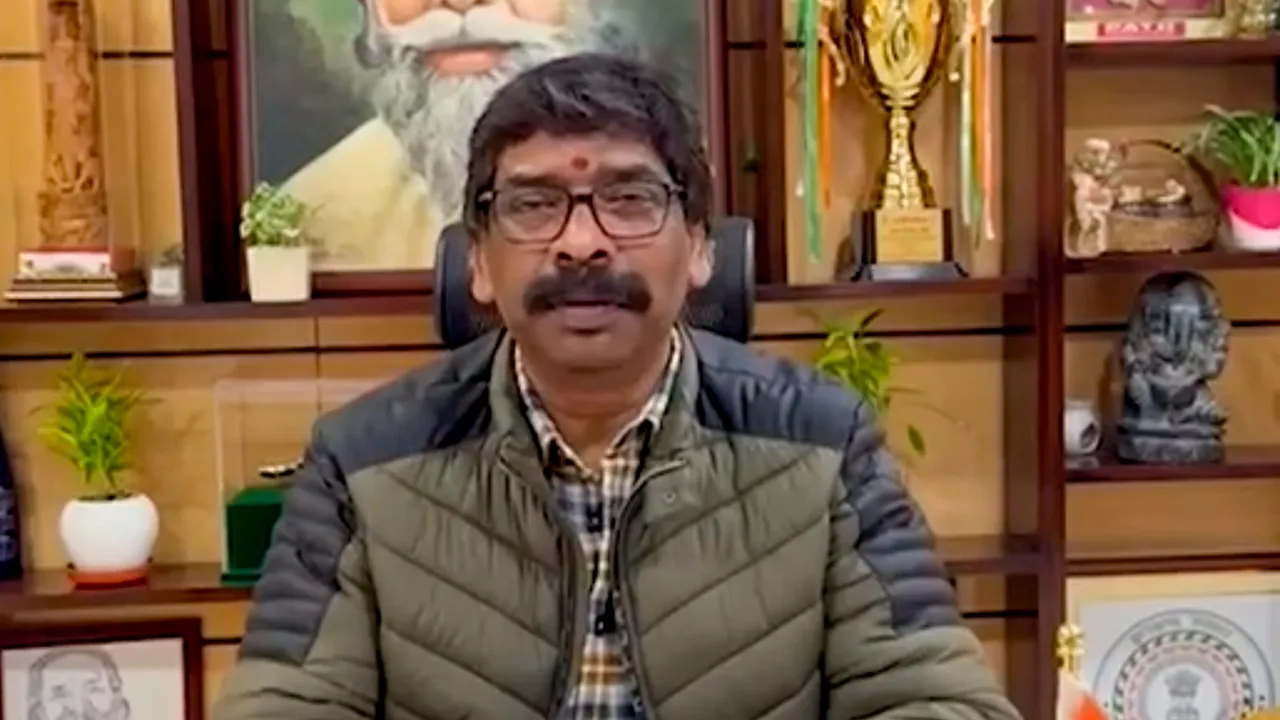 Jharkhand Chief Minister Hemant Soren delivers a video message before his arrest by Enforcement Directorate (ED) officials in connection with a money laundering case, in Ranchi