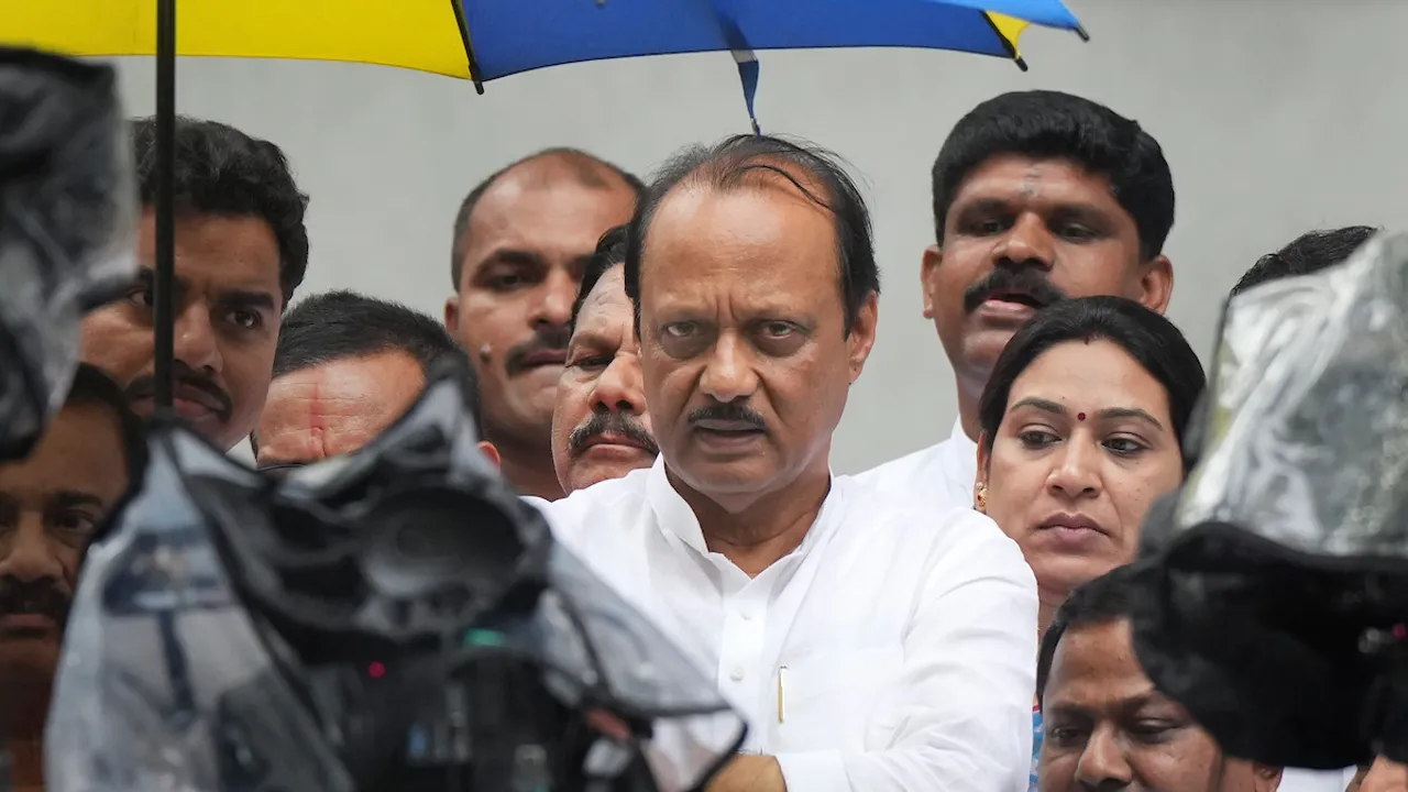 Maharashtra Deputy Chief Minister Ajit Pawar leaves after meeting Nationalist Congress Party (NCP) chief Sharad Pawar at YB Chavan Center, in Mumbai, Monday, July 17