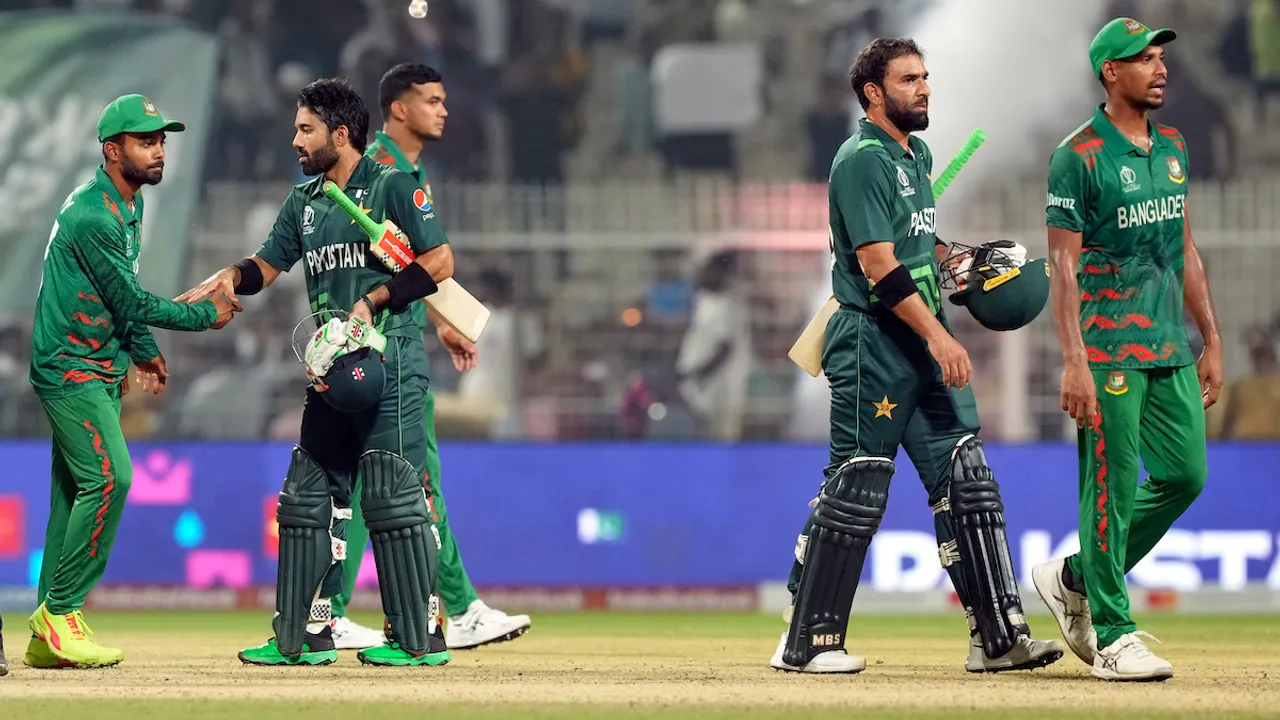 Players of Pakistan and Bangladesh greet each other at the end of their ICC Men's Cricket World Cup 2023 match, at Eden Gardens in Kolkata, Tuesday, Oct. 31, 2023.