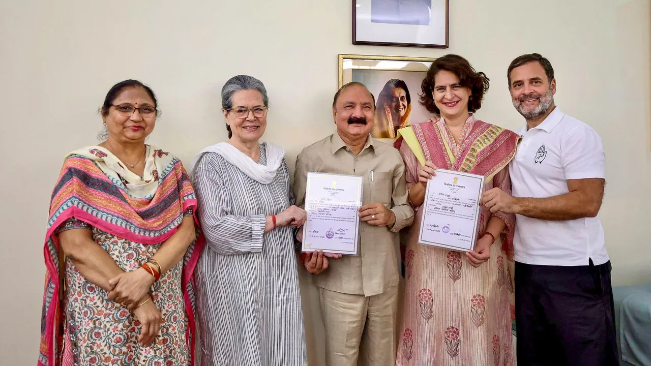 Newly elected Congress MPs, from Rae Bareli constituency Rahul Gandhi and from Amethi constituency Kishori Lal Sharma show their victory certificates along with party leaders Sonia Gandhi and Priyanka Gandhi Vadra, Wednesday, June 5, 2024