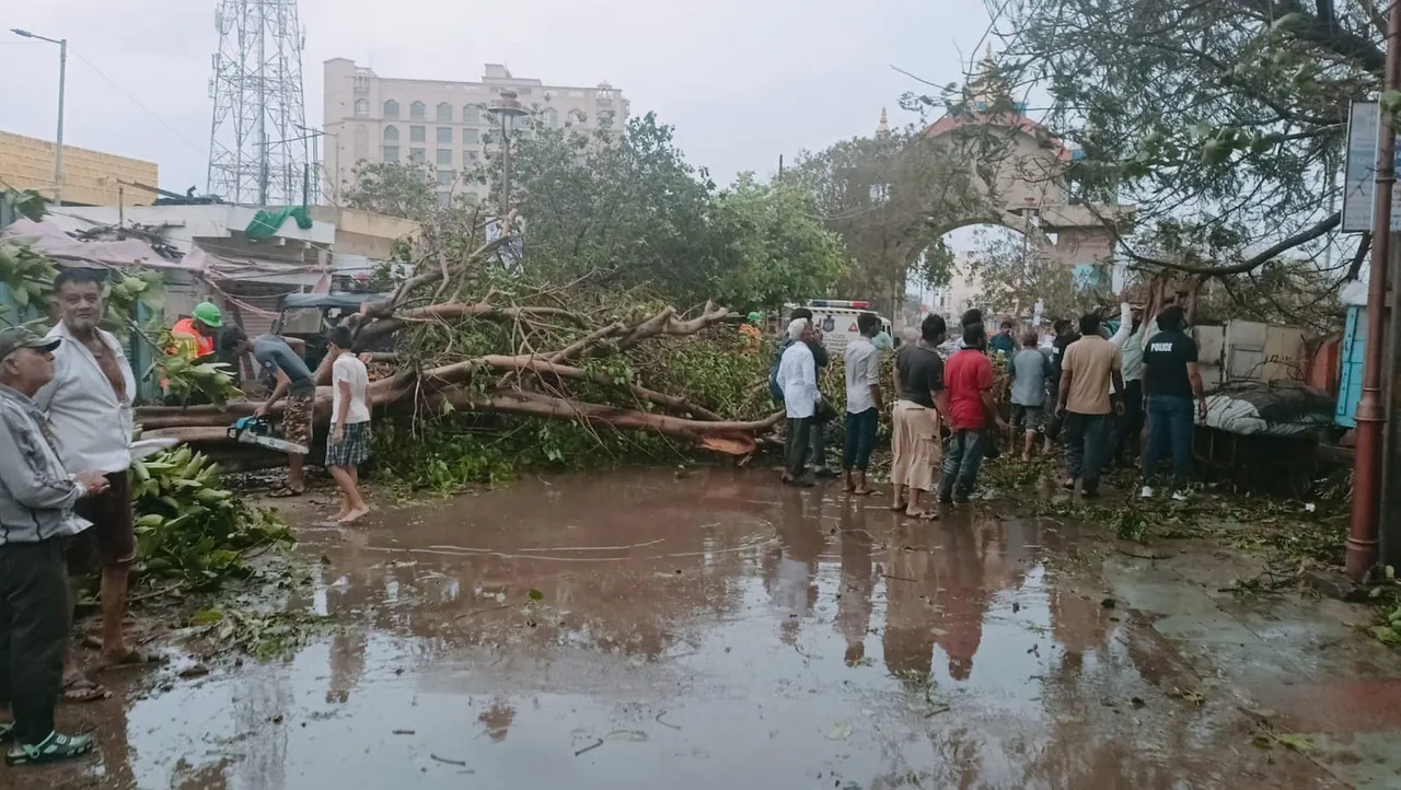  Workers remove trees uprooted following the landfall of Cyclone Biparjoy, in Dwarka, Friday, June 16, 2023. Cyclone Biparjoy, a very severe cyclonic storm, made landfall near Jakhau Port in Gujarat on Thursday evening with a wind speed of 115-125 kmph gusting to 140 kmph as heavy rains lashed the coastal region.