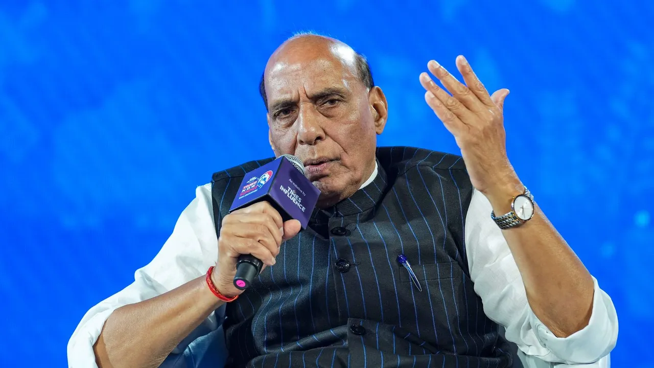 Defence Minister Rajnath Singh speaks at the Times Now Summit 2024, in New Delhi, Thursday, March 28, 2024