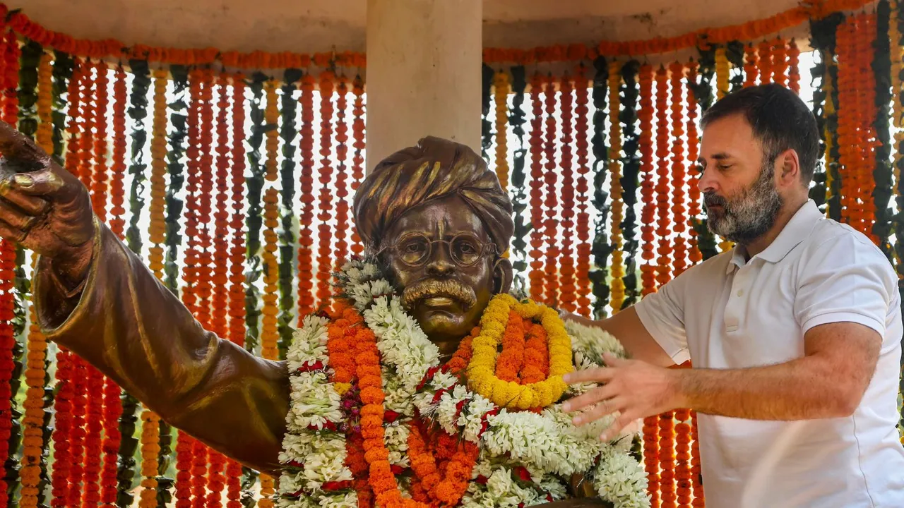 Congress leader Rahul Gandhi pays tribute to social reformer and founder of Utkal Sammilani Madhusudan Das, at Satyabhamapur in Cuttack district, Sunday, April 28, 2024