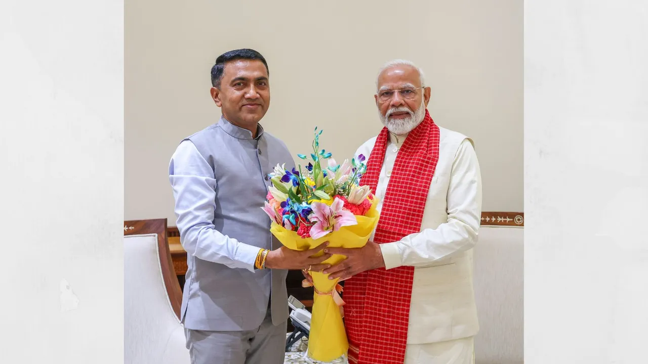 Prime Minister Narendra Modi being greeted by Goa CM Pramod Sawant during a meeting, in New Delhi.