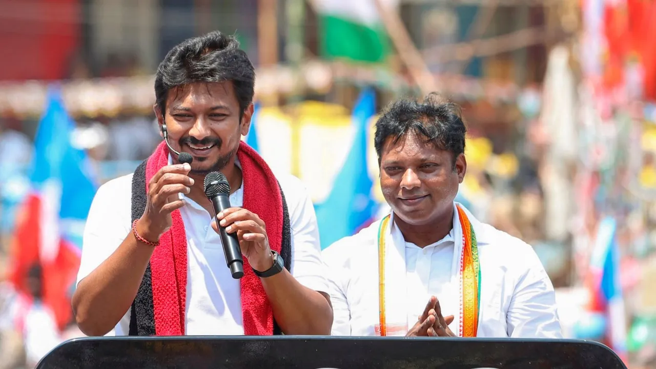 Tamil Nadu Minister and DMK leader Udhayanidhi Stalin during an election campaign rally in support of Congress candidate Sasikanth Senthil, ahead of Lok Sabha elections, in Tiruvallur district