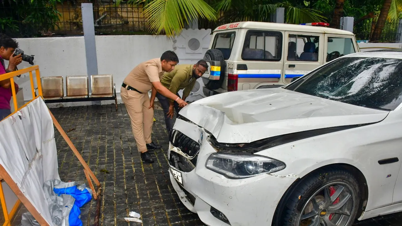 A damaged BMW car that was involved in a hit-and-run case, parked on the premises of Worli police station, in Mumbai, Sunday, July 7, 2024.