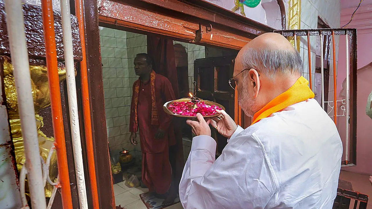 Union Home Minister Amit Shah offers prayers at a Ram temple on the occasion of 'Ram Navami', in Chhindwara, Madhya Pradesh, Wednesday, April 17, 2024
