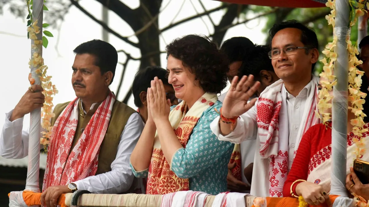 Congress leader Priyanka Gandhi Vadra during an election campaign rally ahead of Lok Sabha elections, at Titabor in Jorhat district, Assam, Tuesday, April 16, 2024