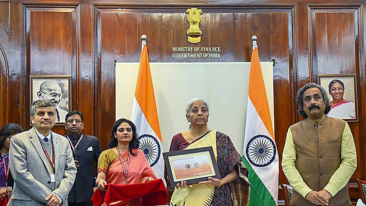 Union Minister for Finance and Corporate Affairs Nirmala Sitharaman during a meeting organized during Foundation Day celebrations of the Security Printing and Minting Corporation of India Ltd. (SPMCIL), in New Delhi, Thursday, Feb. 15, 2024.
