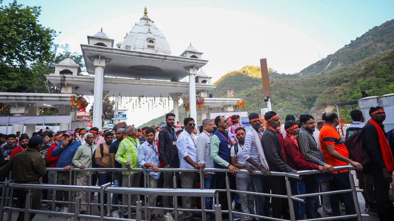 Pilgrims on their way to Mata Vaishno Devi shrine on the first day of the 'Chaitra Navratri' festival, in Katra, Reasi district, Tuesday, April 9, 2024.