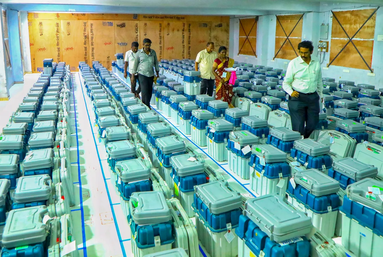 A strong room where EVMs and VVPATs are kept after the first phase of Lok Sabha elections, in Thoothukudi, Saturday, April 20, 2024