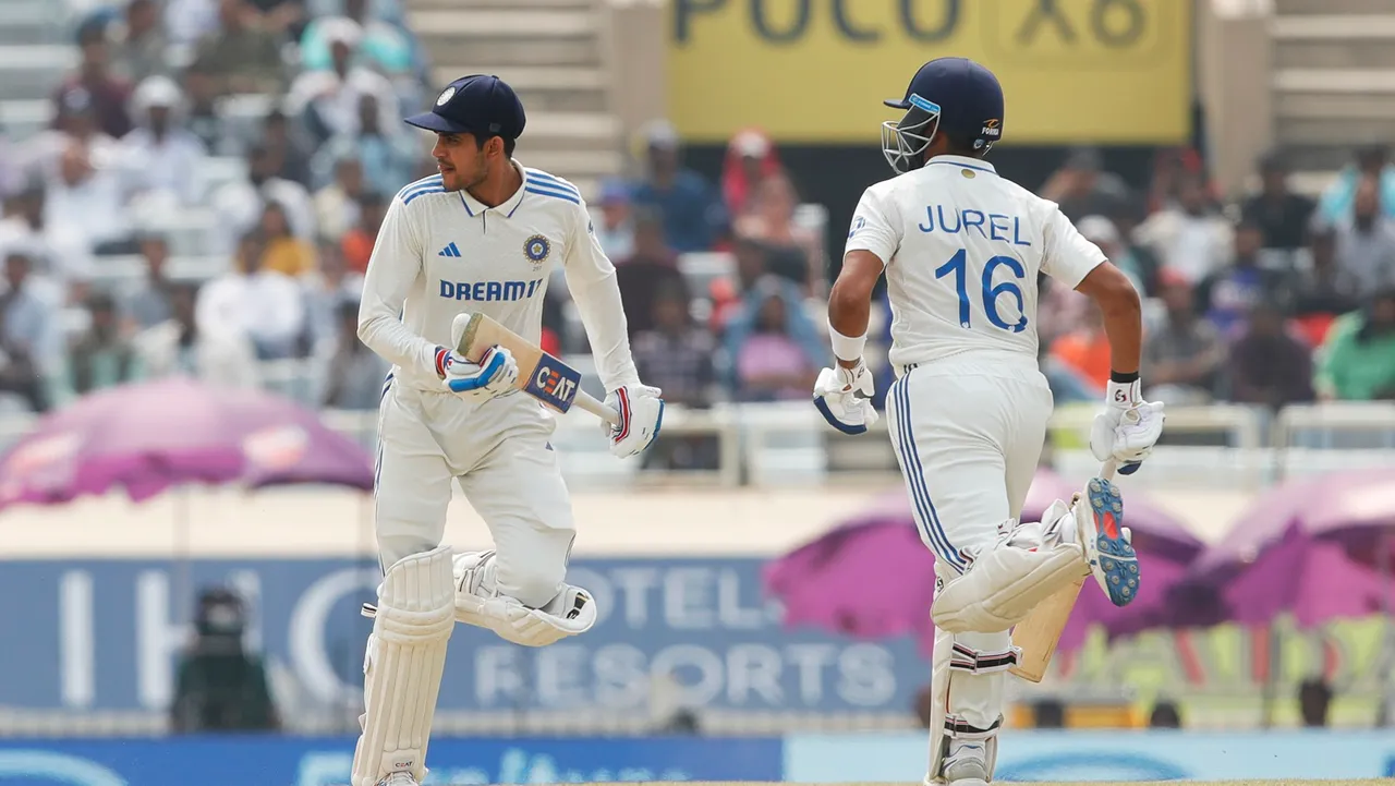 India's batter Shubman Gill with teammate Dhruv Jurel during the fourth day of the fourth Test cricket match between India and England, in Ranchi