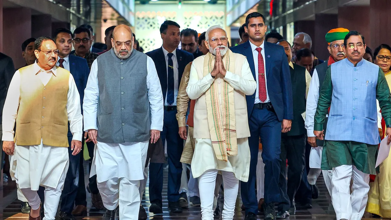 Prime Minister Narendra Modi with BJP National President JP Nadda, Union Home Minister Amit Shah and other leaders leaves after the BJP Parliamentary Party meeting