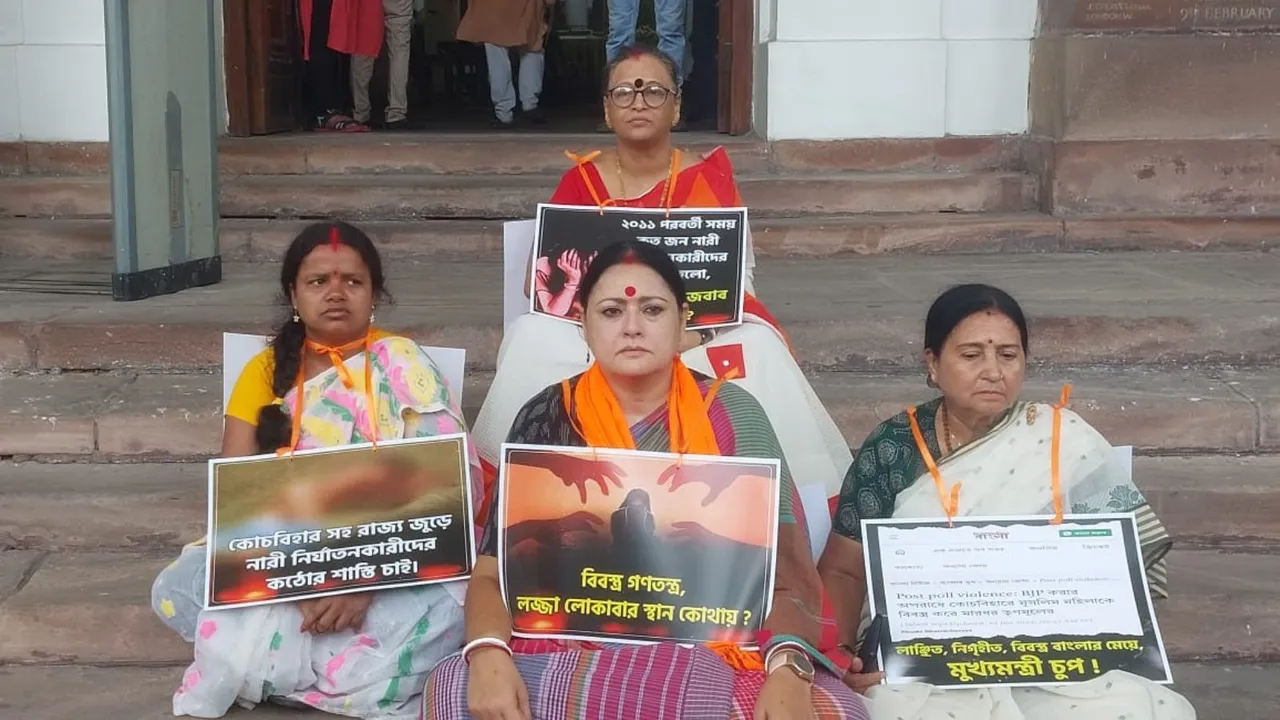 BJP MLA Agnimitra Paul and other party MLAs stage a protest against the TMC government over the assault on a couple in North Dinajpur and the alleged stripping and torture of a woman in Coochbehar, at the West Bengal Assembly premises, in Kolkata