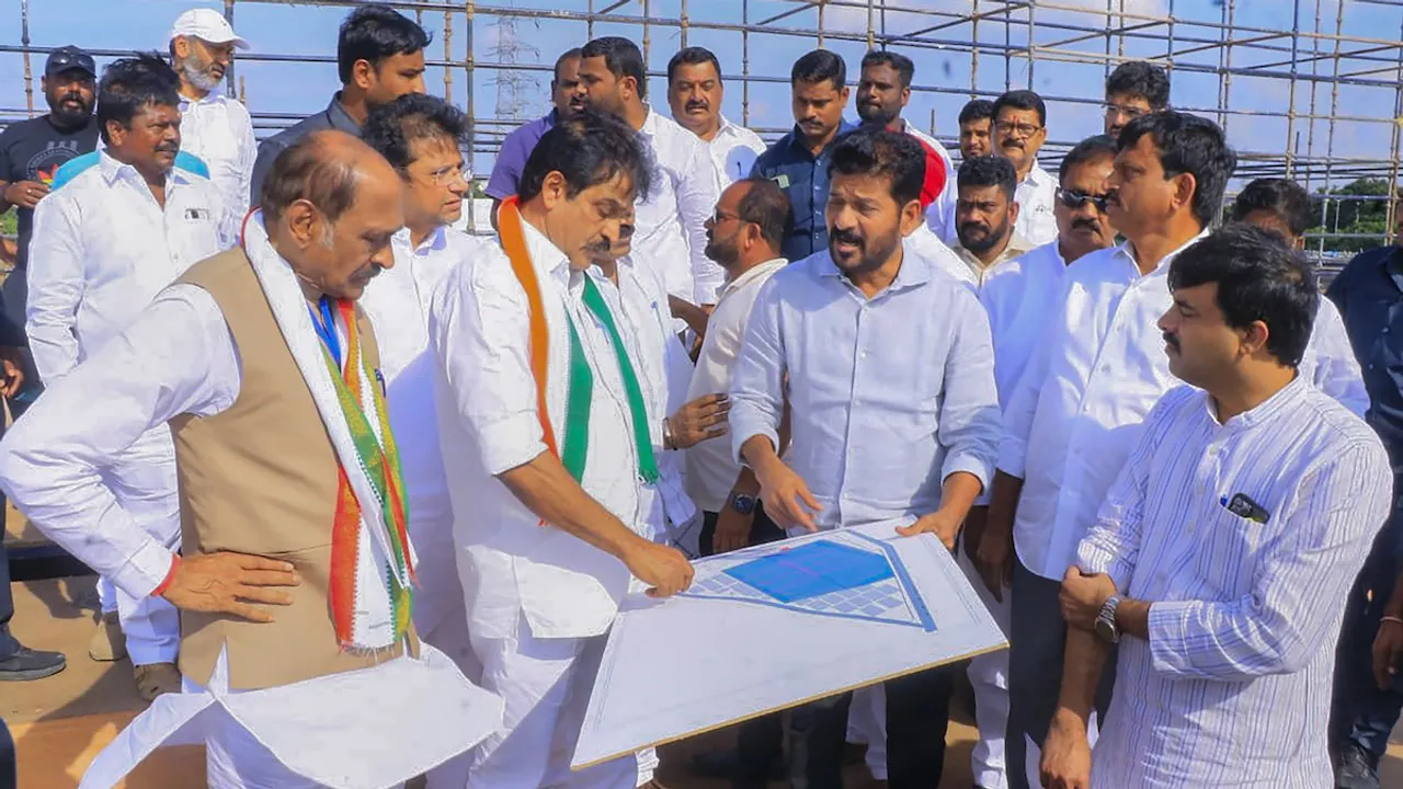 Congress leader KC Venugopal reviews preparations for the party's upcoming public rally titled 'Vijaya Bheri', at Tukkuguda Ground in Hyderabad, Friday, Sept. 15, 2023.