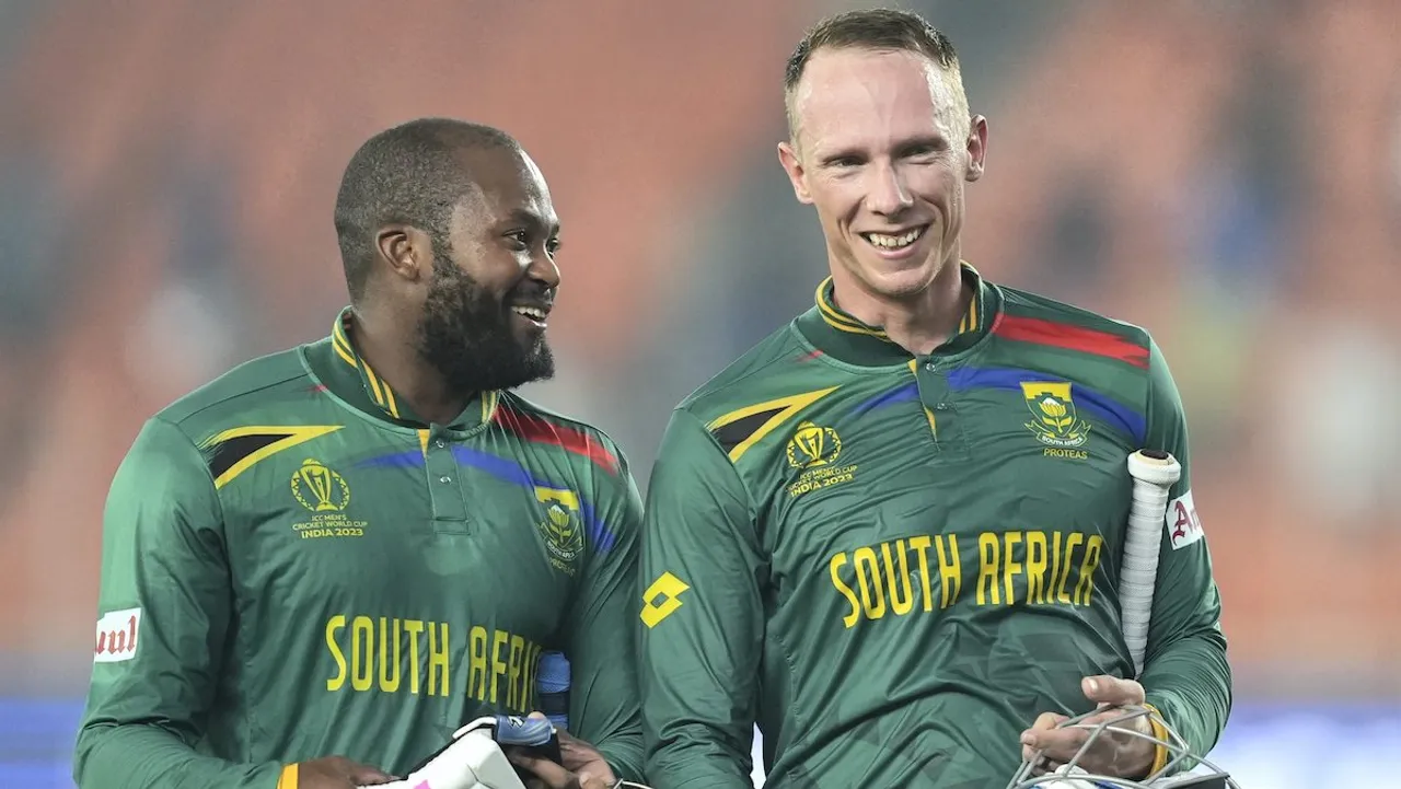 Andile Phehlukwayo Rassie van der Dussen after their win in the ICC Men's Cricket World Cup 2023 match between Afghanistan and South Africa, at Narendra Modi Stadium, in Ahmedabad, Friday, Nov. 10, 2023. 