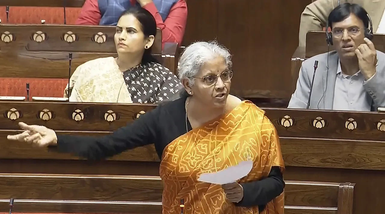 Union Finance Minister Nirmala Sitharaman speaks in the Rajya Sabha during the Winter session of Parliament