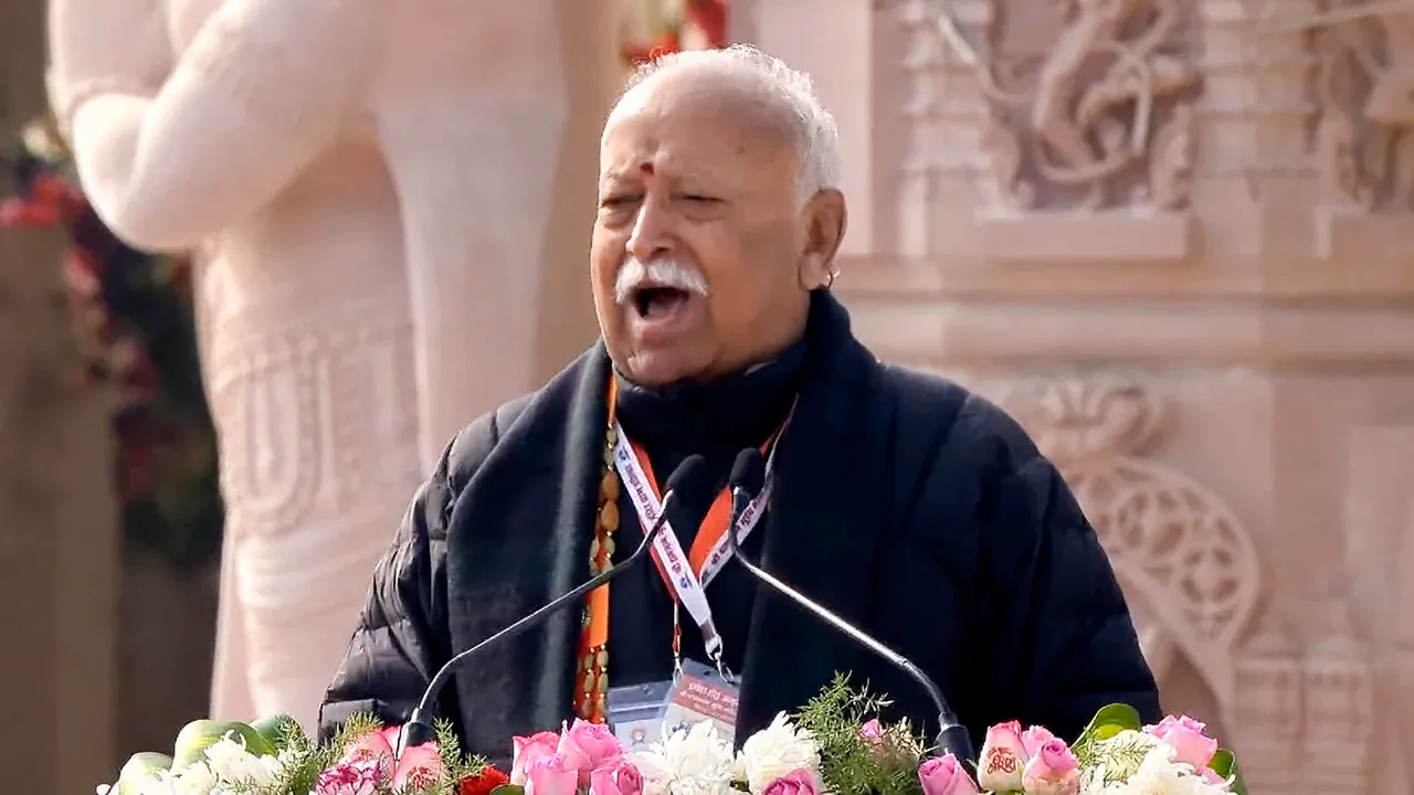 RSS Chief Mohan Bhagwat adresses after the Pran Pratishtha ceremony at the Ram Mandir, in Ayodhya