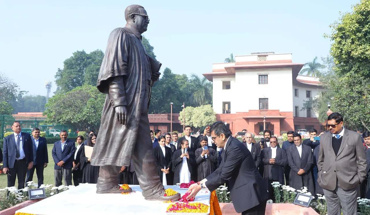 Chief Justice of India DY Chandrachud pays tribute to BR Ambedkar on his death anniversary, at Supreme Court, in New Delhi