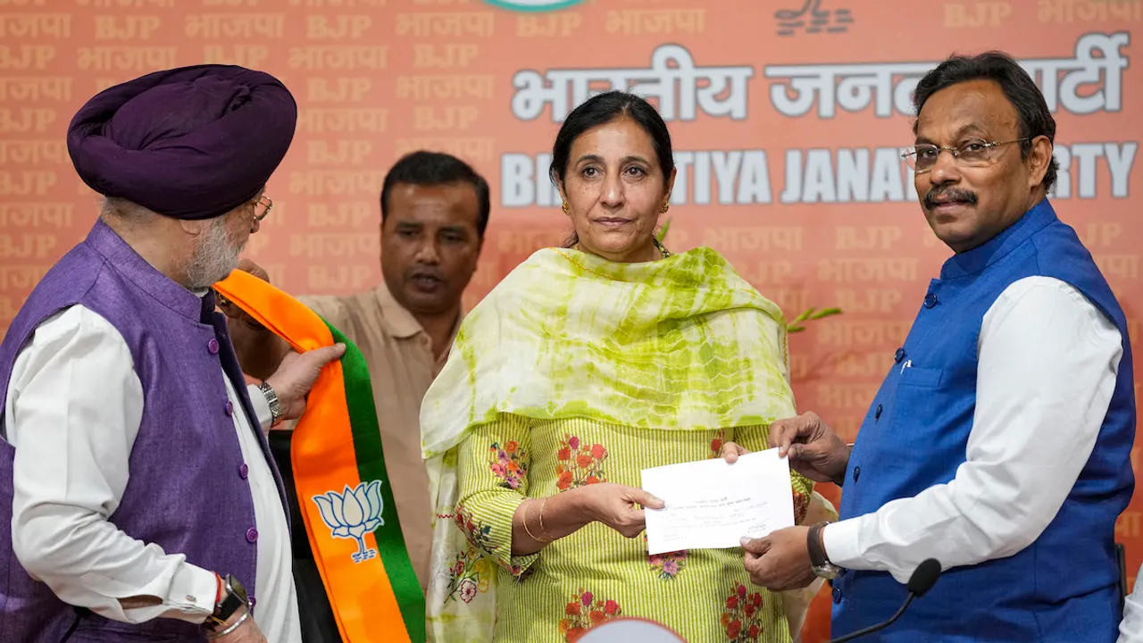 Union Minister and BJP leader Hardeep Singh Puri and BJP National General Secretary Vinod Tawde welcome IAS Parampal Kaur as she joins BJP on Thursday, April 11, 2024