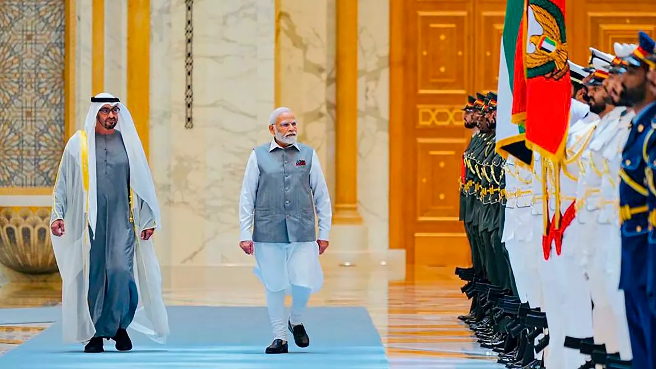 Prime Minister Narendra Modi being welcomed by UAE President Sheikh Mohamed bin Zayed Al Nahyan at the Qasr Al Watan Presidential Palace, in Abu Dhabi