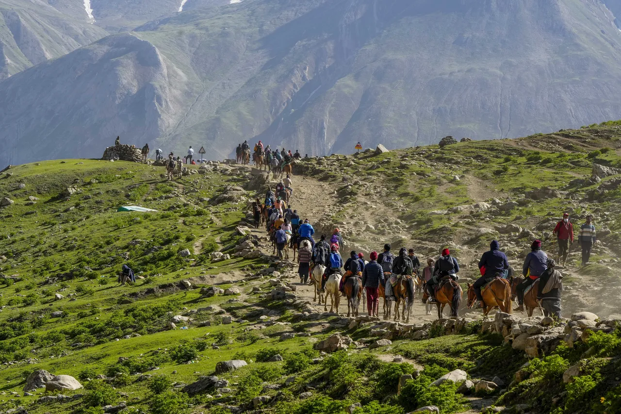 Devotees during the pilgrimage to the holy cave shrine of Amarnath, in Jammu and Kashmir.jpg