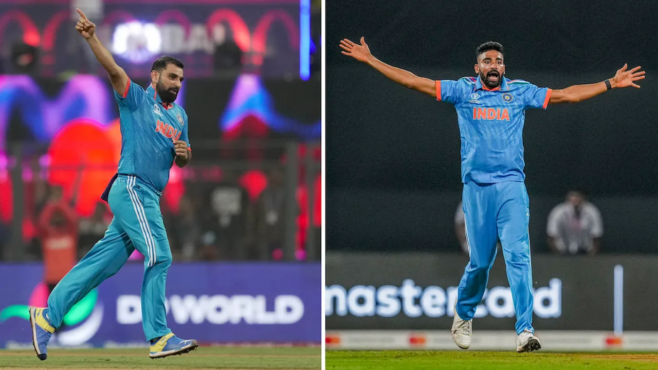 Indian pacers Mohammed Shami, Mohammed Siraj and Jasprit Bumrah react after taking wickets during the ICC Men's Cricket World Cup 2023 match between India and Sri Lanka, at Wankhede Stadium, in Mumbai, Thursday, Nov. 2, 2023.