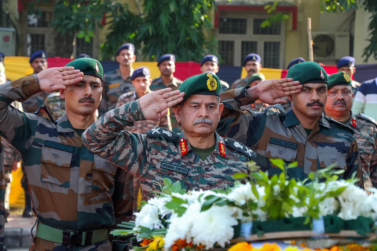 General Officer Commanding-in-Chief Northern Command of Army Lt General Upendra Dwivedi pays homage to martyrs killed in an encounter with terrorists in Rajouri district