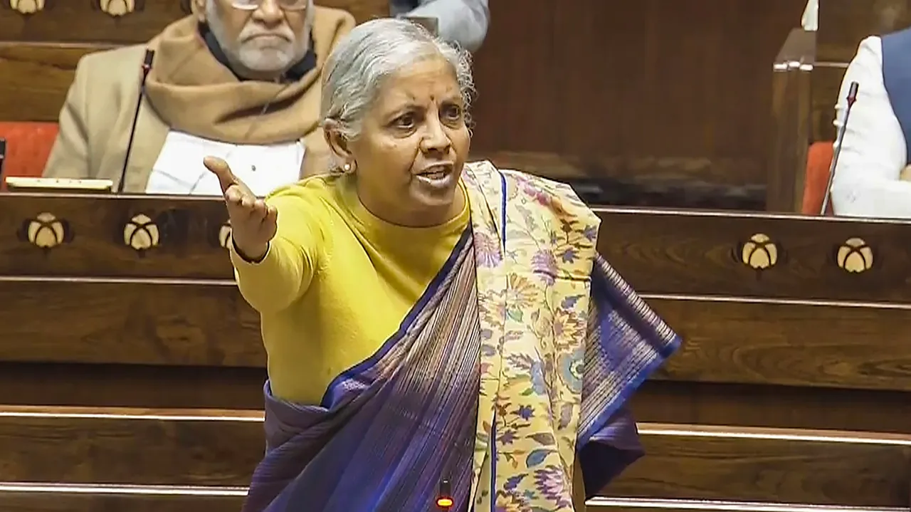Union Finance Minister Nirmala Sitharaman speaks in the Rajya Sabha during the Winter session of Parliament