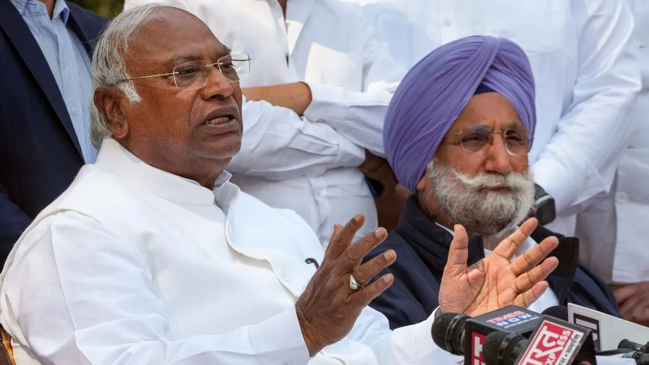 Congress President Mallikarjun Kharge addresses the media after welcoming Churu MP Rahul Kaswan who joined the party, in New Delhi, Monday, March 11, 2024.