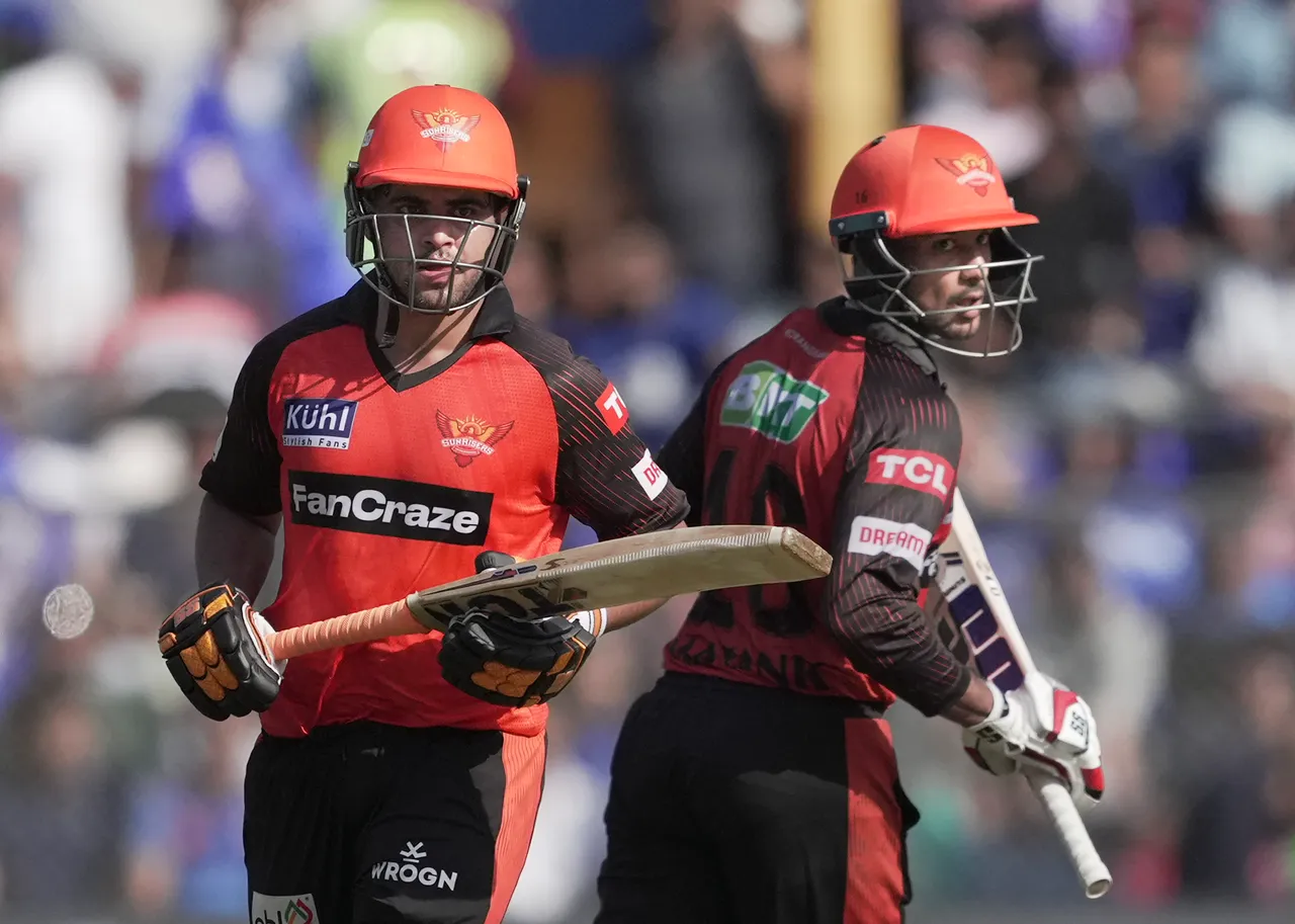 Sunrisers Hyderabad batters Vivrant Sharma and Mayank Agarwal run between the wickets during the IPL 2023 cricket match