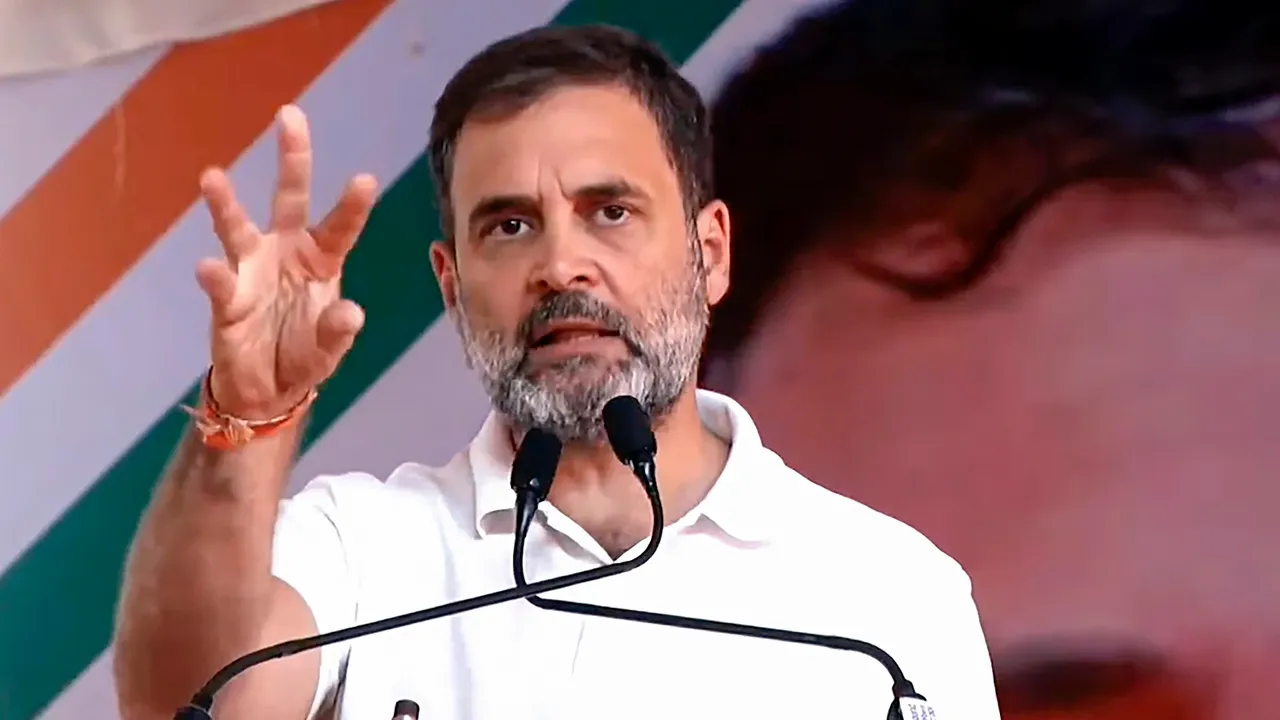 Congress leader and MP Rahul Gandhi addresses a public meeting ahead of the Madhya Pradesh Assembly elections, in Vidisha