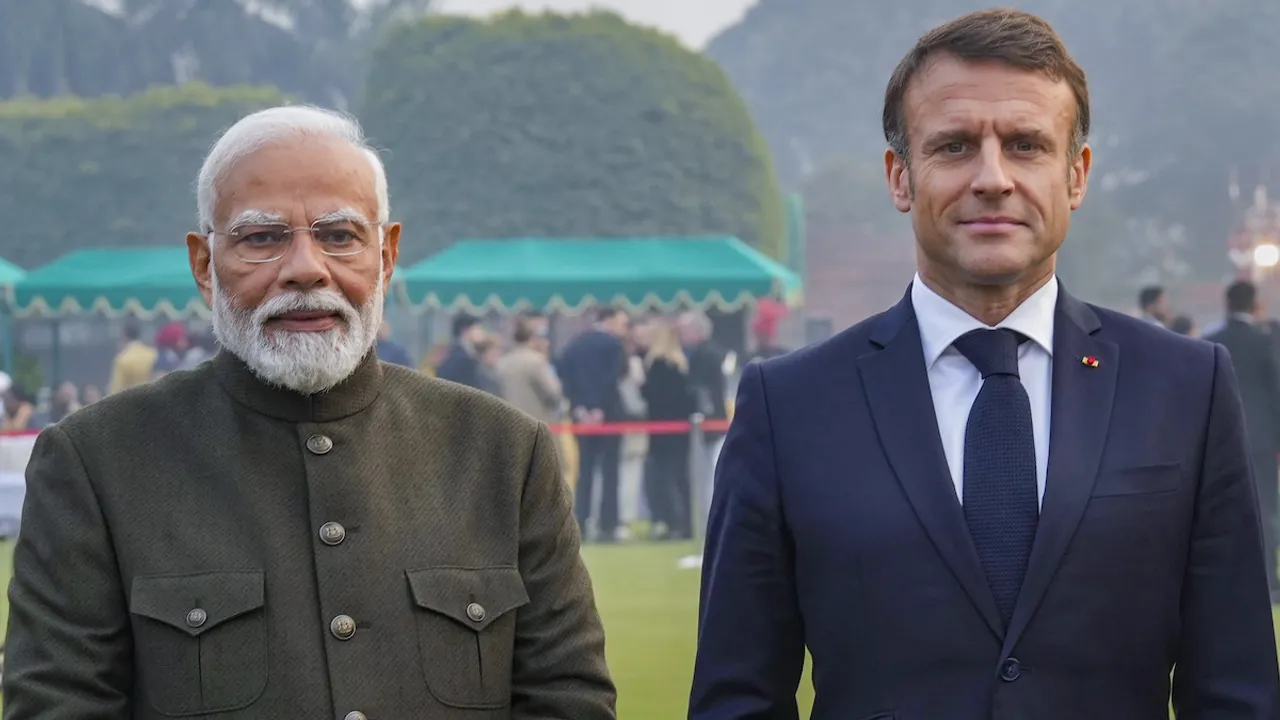 Narendra Modi with French President Emmanuel Macron during the 'At-Home' reception on the occasion of 75th Republic Day, at the Rashtrapati Bhavan, in New Delhi, Friday, Jan. 26, 2024.