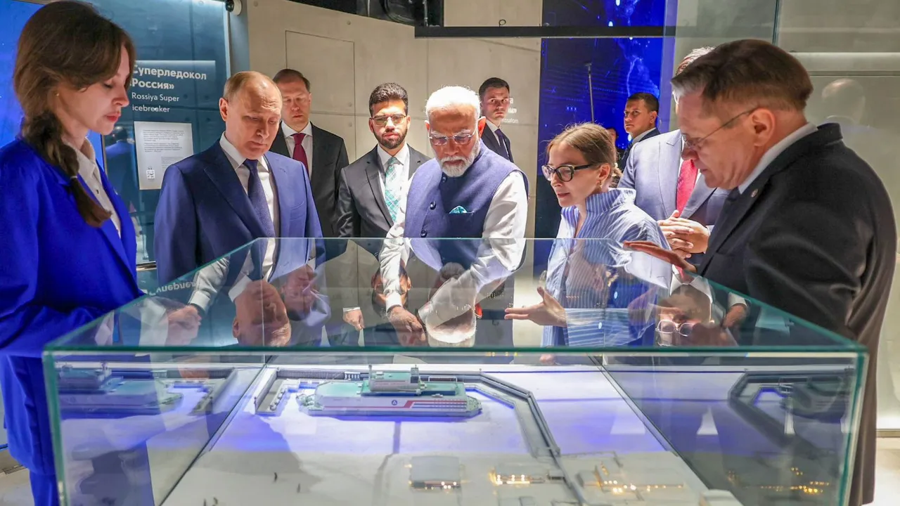 Prime Minister Narendra Modi with Russian President Vladimir Putin during a visit to the Atom Pavilion at the VDNKh Exhibition centre, in Moscow, Russia.