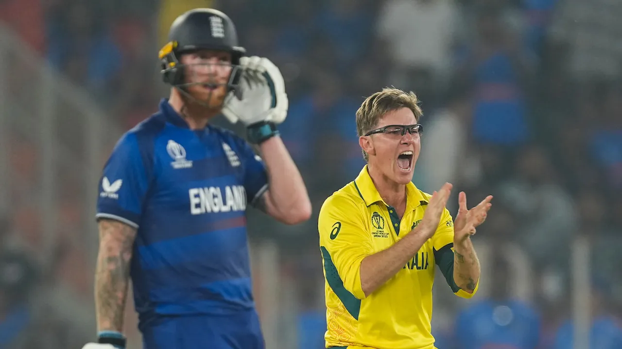 Australia's bowler Adam Zampa celebrates the wicket of England skipper and batter Jos Buttler during the ICC Men's Cricket World Cup 2023 match at Narendra Modi Stadium, in Ahmedabad, Saturday, Nov. 4, 2023.