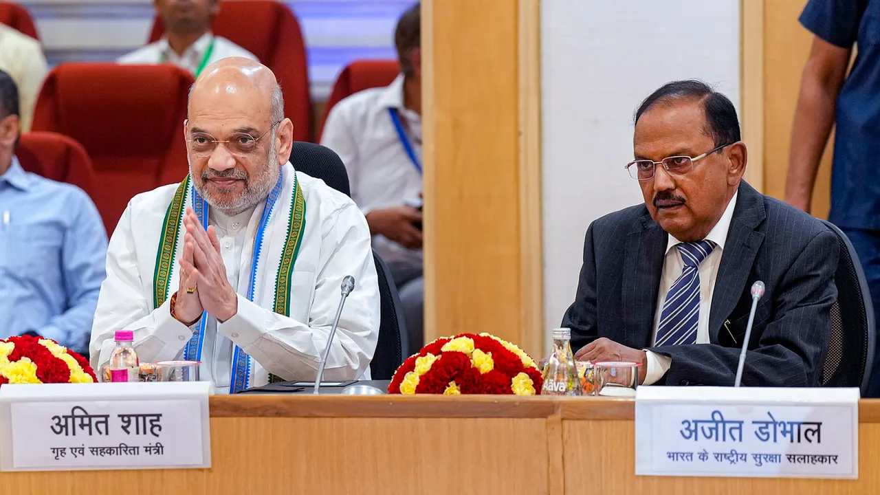 Union Home Minister Amit Shah with National Security Advisor Ajit Doval during a review meeting on Left Wing Extremism, in New Delhi