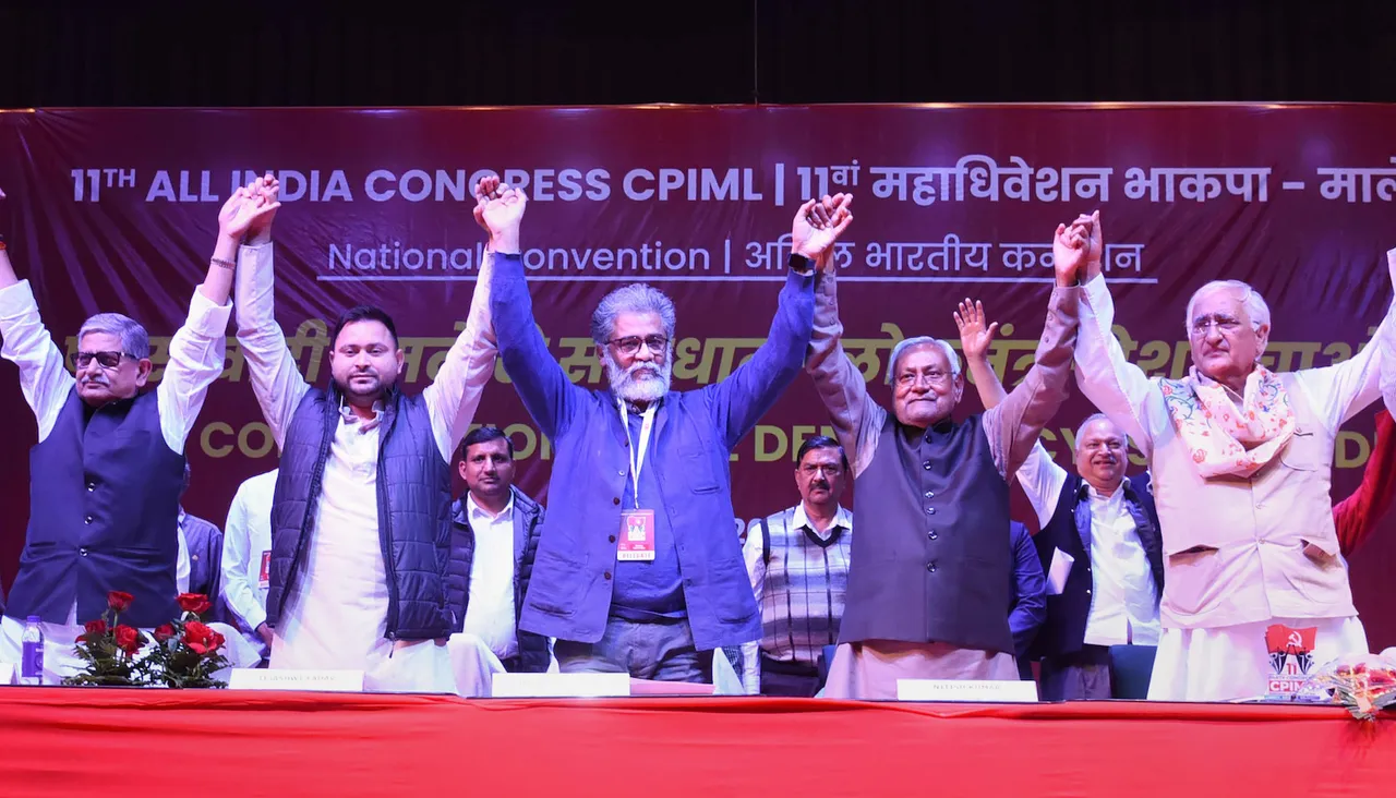 Communist Party of India (Marxist-Leninist) Liberation General Secretary Dipankar Bhattacharya with Bihar Chief Minister Nitish Kumar, Bihar Deputy Chief Minister Tejashwi Yadav, Congress leader Salman Khurshid and JDU President Lalan Singh during the 'Save Constitution, Save Democracy, Save India' convention organised as part of the 11th CPIML Party Congress in Patna on Saturday