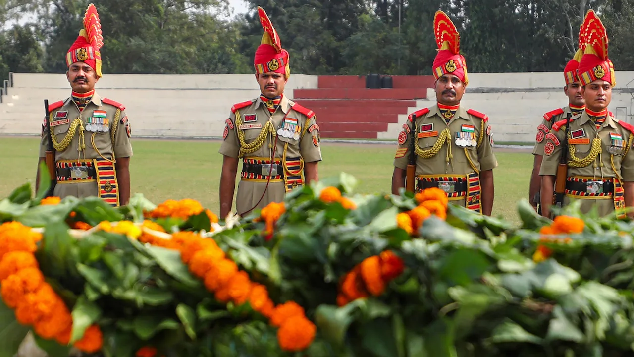 BSF personnel pay tribute to BSF head constable Lal Fam Kima during a wreath laying ceremony at BSF's Paloura Camp in Jammu, Thursday, Nov 9, 2023. Kima was killed in unprovoked firing by Pakistan Rangers along the International Border in Samba district early Thursday