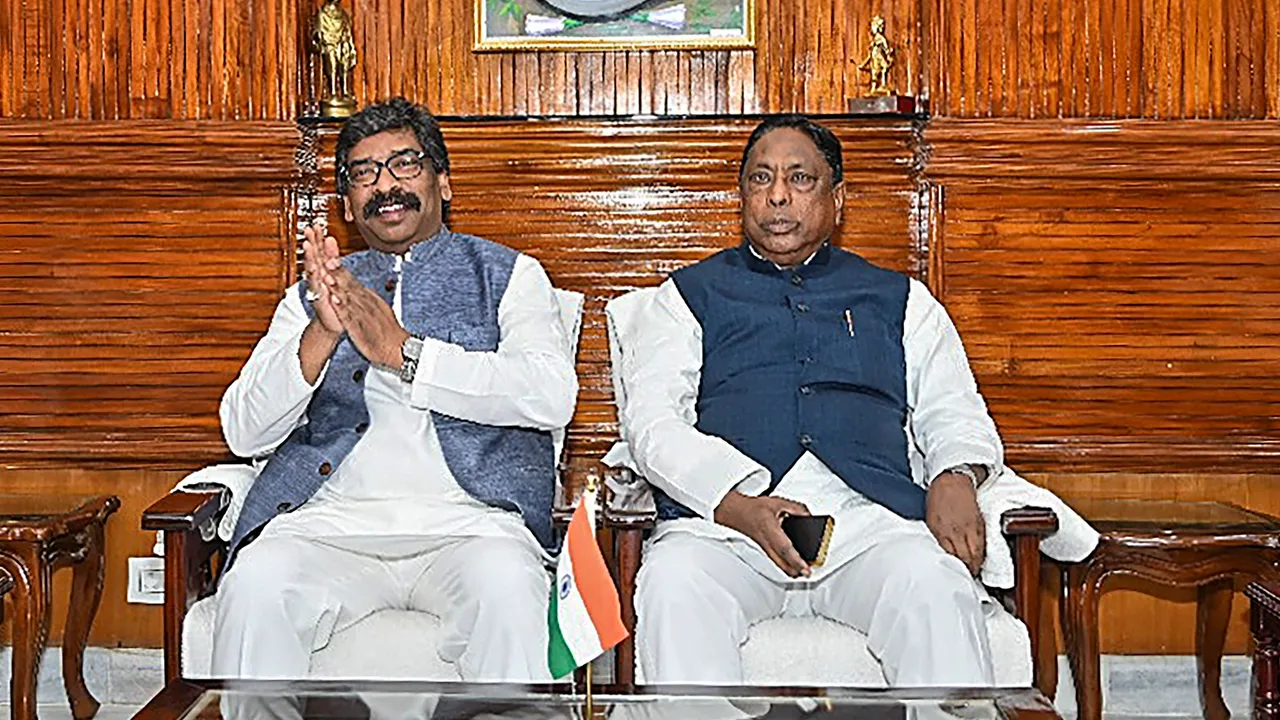 Jharkhand Chief Minister Hemant Soren during a meeting with state cabinet ministers and MLAs at the Chief Minister's residence, in Ranchi