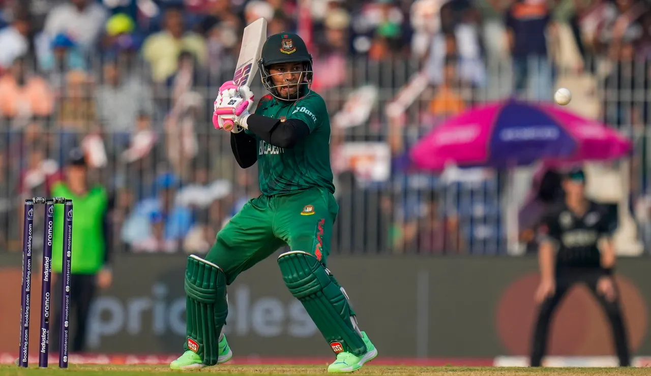 Bangladesh's Mushfiqur Rahim plays a shot during the ICC Men's Cricket World Cup 2023 match between New Zealand and Bangladesh