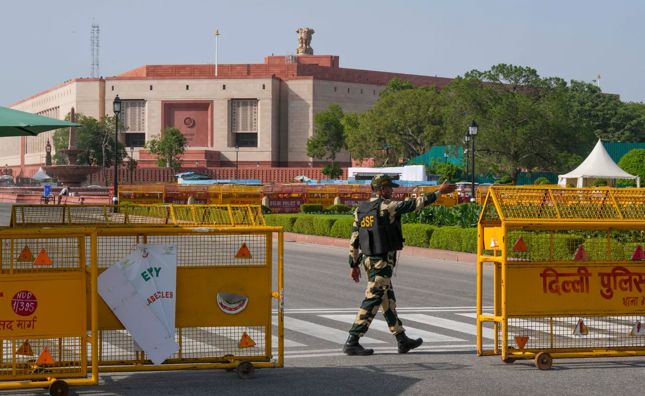 A security personnel near the new Parliament building