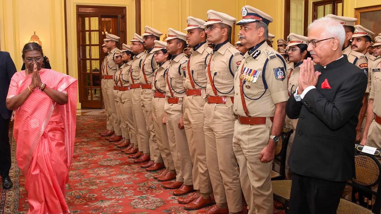 President Droupadi Murmu meets a group of Indian Police Service probationers of 75 RR (2022 batch) at Rashtrapati Bhavan, in New Delhi